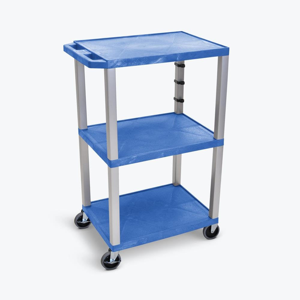 LUXOR UCPL1BU-N 42"H 3-Shelf Utility Cart - Blue Shelves, Nickel Legs