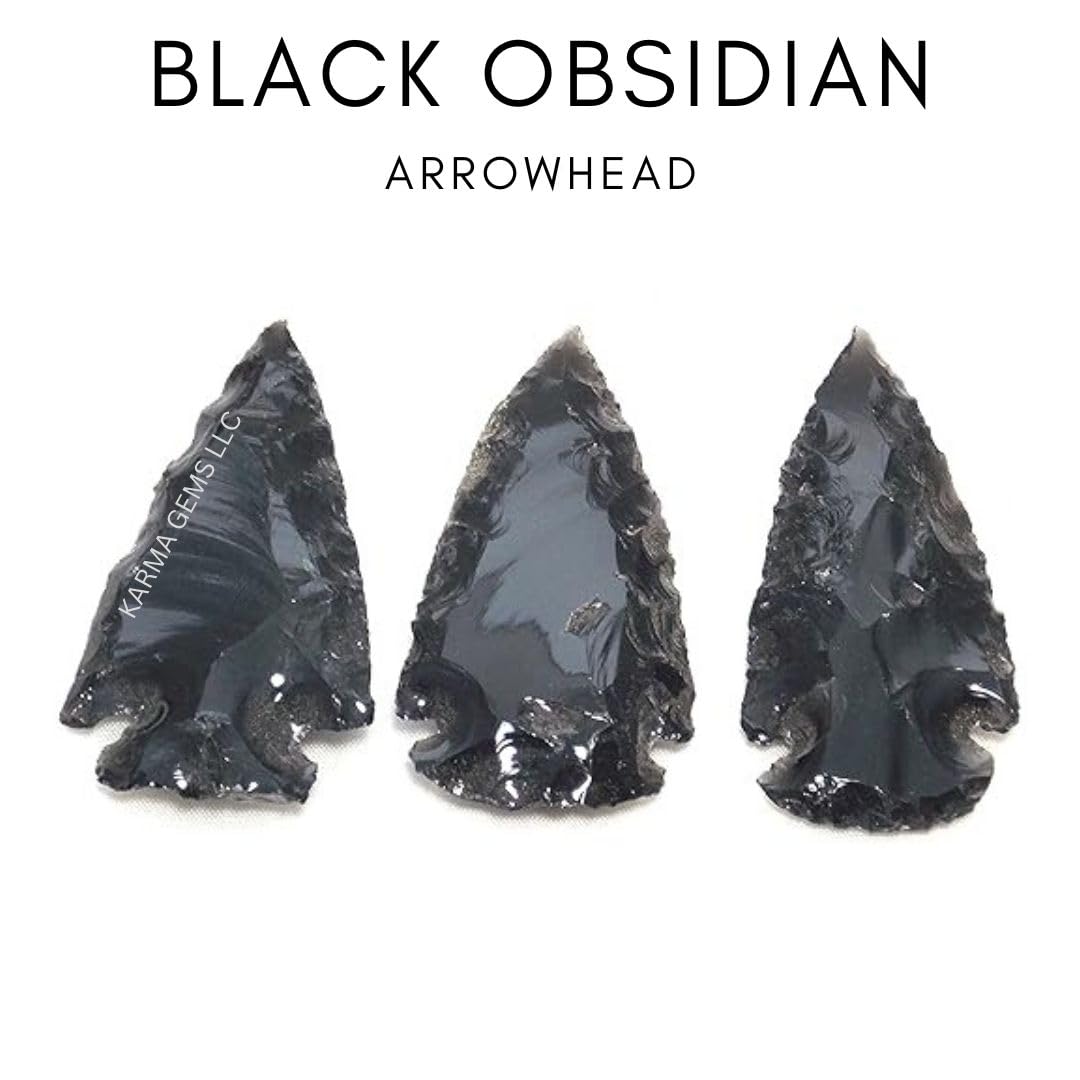 Karma Gems 2" to 2.5" Black Flint Black Obsidian Arrowheads - Jewelry Necklace Pendant for Men & Women - Healing Inner Anger, Tension from Chakra - Powerful Cleanser of Negative Energy - (Pack of 5)