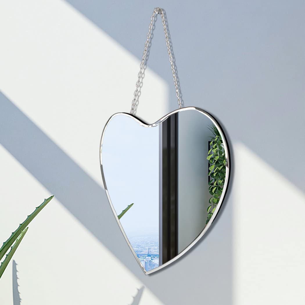 QMDECOR Heart Shaped Mirror with Iron Chain for Wall Decor 12x12 inch Wall Hang Real Glass Frameless Decorative Mirror Glam