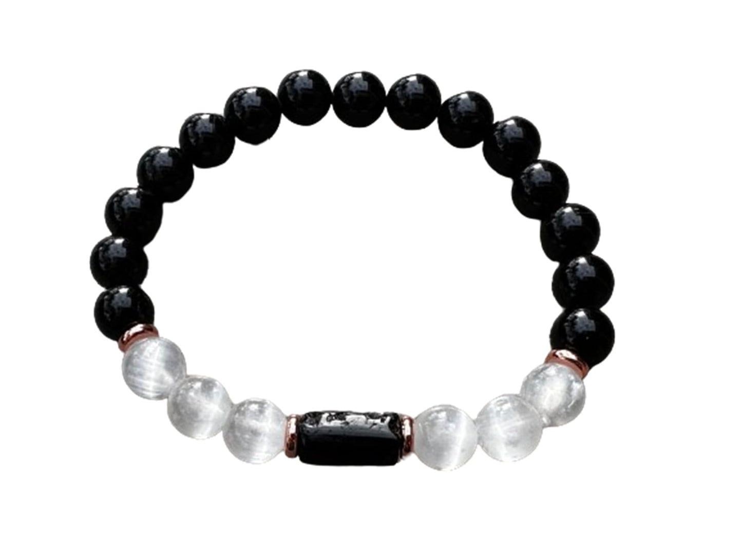 Black Tourmaline and Selenite Crystal Bead Bracelet 8mm, Genuine Black Tourmaline Cylinder with Copper Discs Stretch Gemstone Bracelet, Healing Crystal Bracelet, Gift for Men & Women (1)
