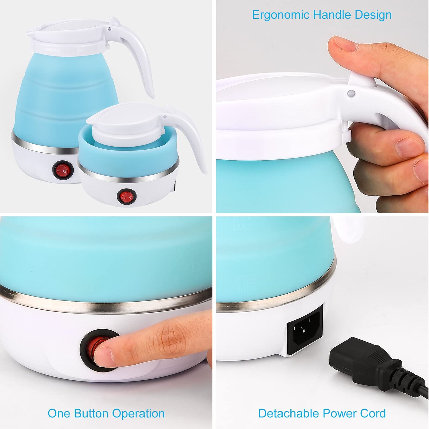 Portable Electric Kettle Travel Size, 600ML Small Foldable Tea Coffee Kettle with Collapsible Bowl and Cups, 5 Min Fast Water Boiling, BPA Free Food Grade Silicone, 110V 400W