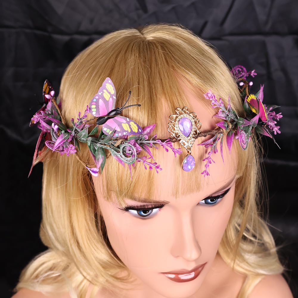 Flower Crown for Women, Adjustable Hair Accessories Butterfly Floral Crown with Crystal Rhinestone Headpiece Handmade Hairbands Floral Crown for Girls (Purple, Adjustable)