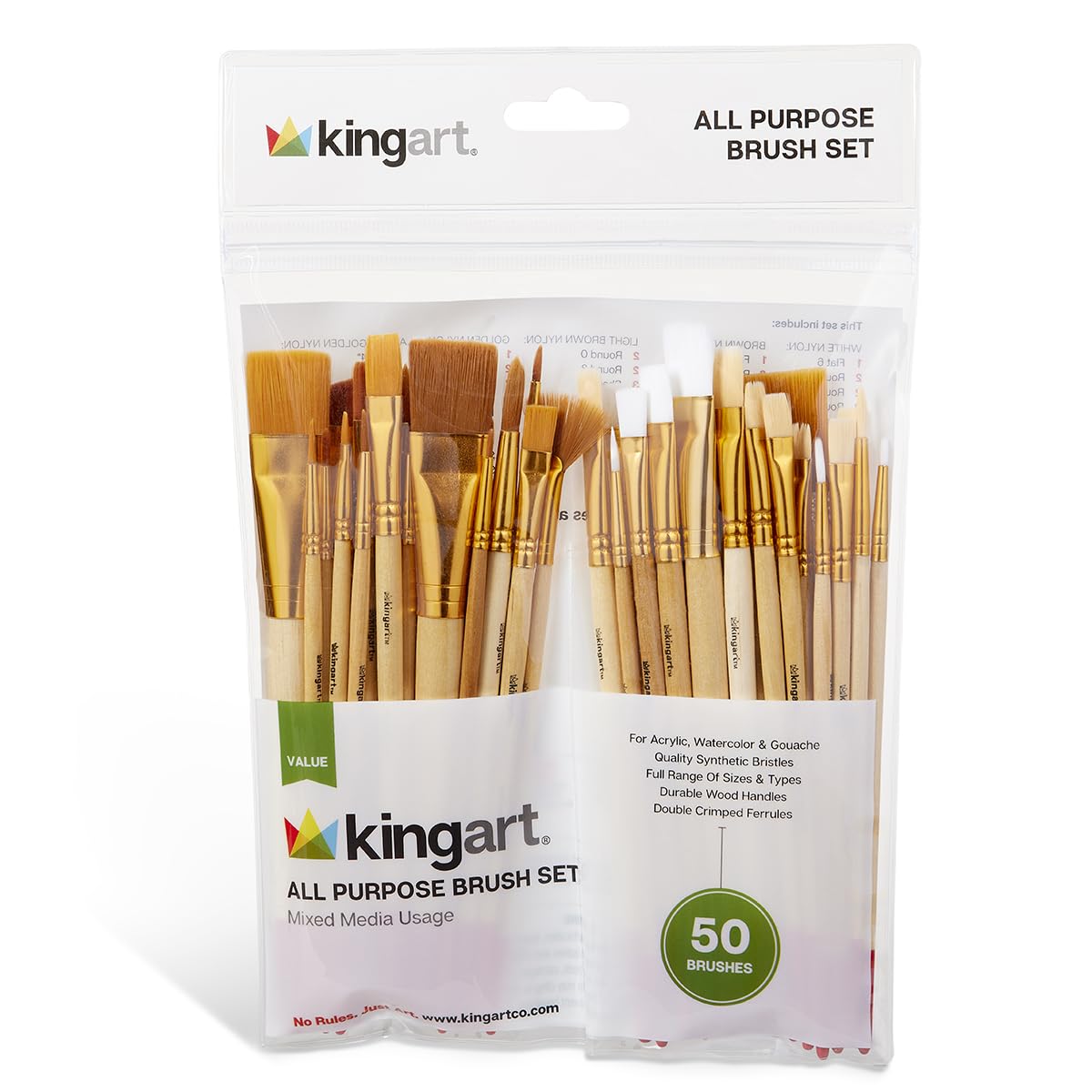 KINGART 50-Piece Paint Brush Set, Acrylic, Oil, Watercolor Gouache Paints, Face & Nail, Miniature Detailing & Rock Painting