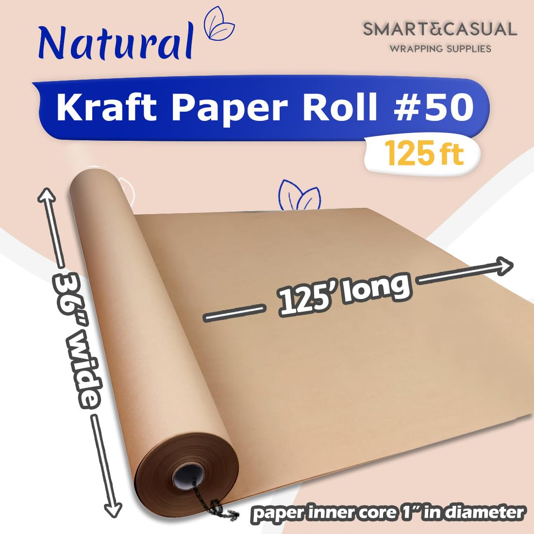 SMART&CASUAL 36" x 1,500" (125') Brown Kraft Craft Paper Roll for Gift Wrapping Bulletin Board Bouquet Flower Kids Art Packing Parcel Table Covering 70GSM 50LB (Brown, 36" x 125')