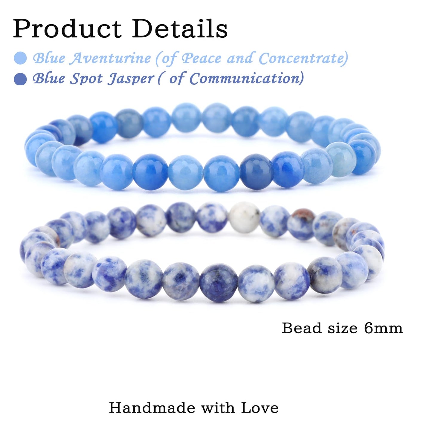 NCB 2-Piece 6mm Natural Crystal Gemstone Stretch Bracelets – ﻿Blue Aventurine, Blue Spot Handmade Reiki Energy Healing Jewelry for Meditation,Yoga, Unisex