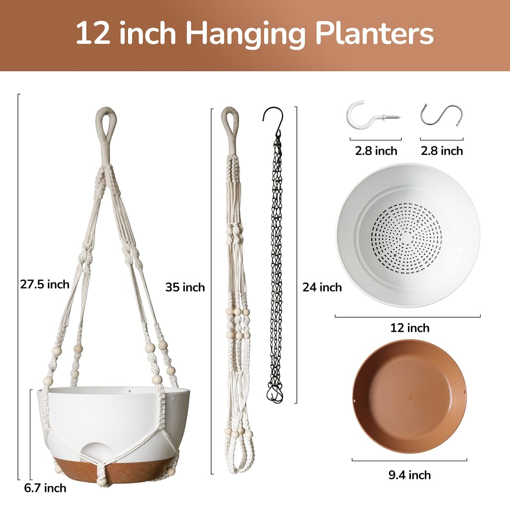 LESOASIS 12 Inch Hanging Baskets for Plants Outdoor, Hanging Planters for Indoor Outdoor Plants, Hanging Planter with Self Watering, Hanging Flower Pots (White Planter with Macrame + Iron Hangers)