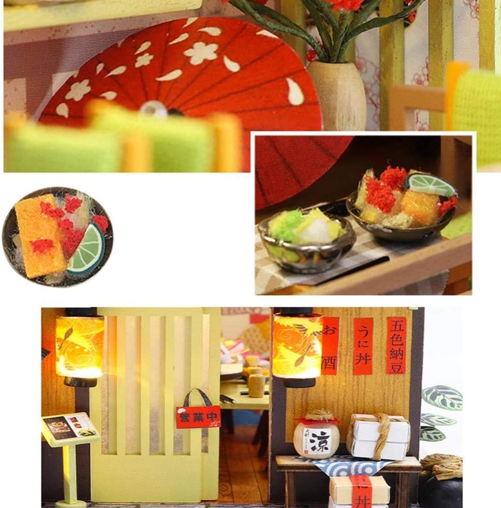 SYW DIY Miniature Dollhouse Kit with Furniture and LED Light，Japanese Sushi Shop Wooden Dollhouse, 1:24 Scale Creative Doll House Toys for Teen