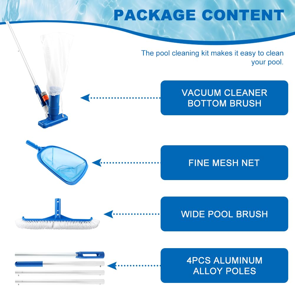 Lovarisse Swimming Pool Cleaning Kit IncludingSpa Jet Vacuum Cleaner,Aluminum Frame Skimmer Net,Pool Brush Head Adjustable 47-61inch Pole, for Inground & Above Ground Swimming Pools