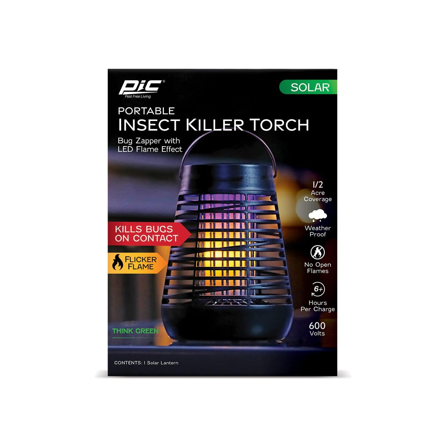 PIC Portable Bug Zapper, 600V Solar Powered Insect Trap & Fly Zapper for Outdoor Use, LED Flickering Flame, Activates Automatically in Dark, Weatherproof Outdoor Fly Trap, Kills Bugs on Contact