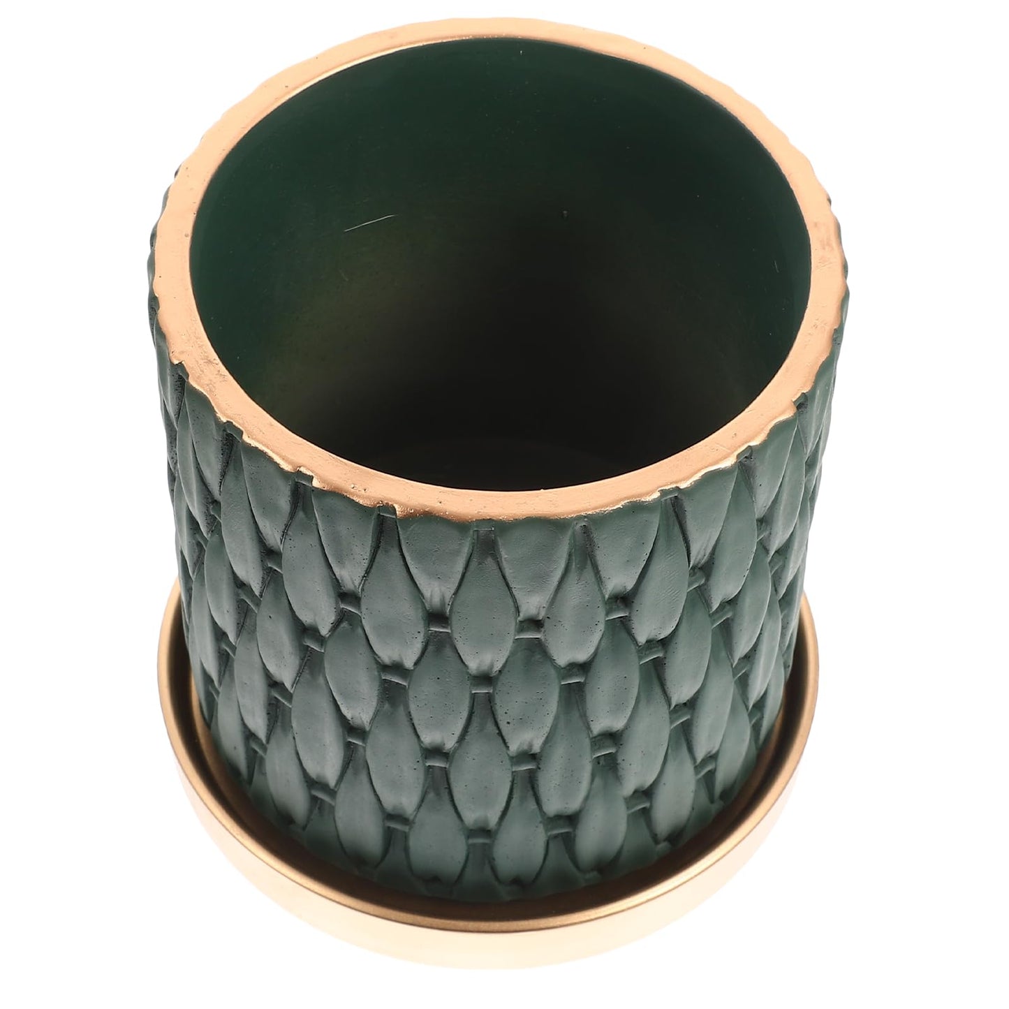 TIDTALEO European Style Cement Woven Pattern Plant Pot with Drainage Tray, Outdoor Indoor Nursery Flower Planter in Dark Emerald and Metallic Tray, Garden Planting Accessory for Patio