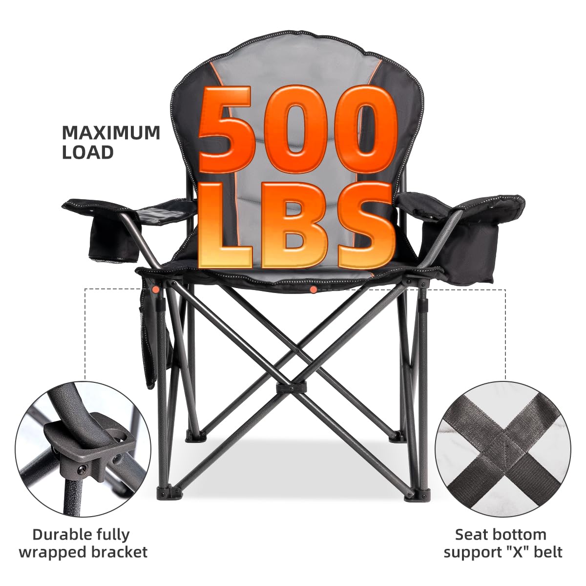 Foristrail Large Camping Chair with Side Table Heavy Duty 500LBS - Folding Outdoor Chair with Cooler Bag (Black & Gray, 1 PCS)