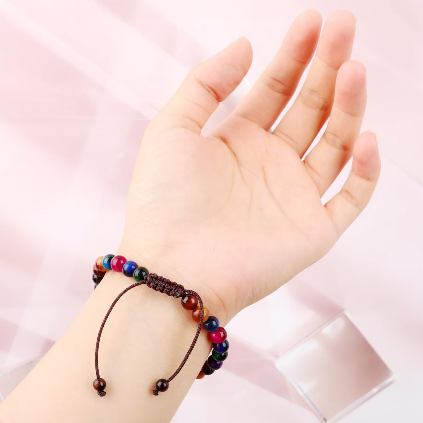 AD Beads 6mm 7 Colorful Tiger Eyes - Emotional balance - Handmade Natural Stone Crystal Bracelet with Adjustable Macrame String - Yoga Healing Power Energy Gifts for Men and Women