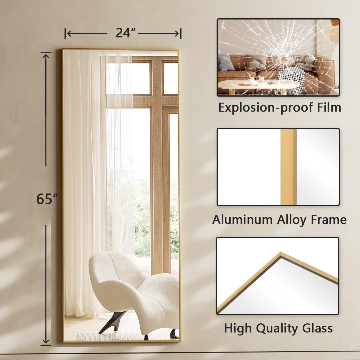 Koonmi 65"x24" Floor Mirror Full Length, Bedroom Floor Body Mirror with Stand, Large Gold Mirror, Leaning, Standing or Hanging Horizontally/Vertically