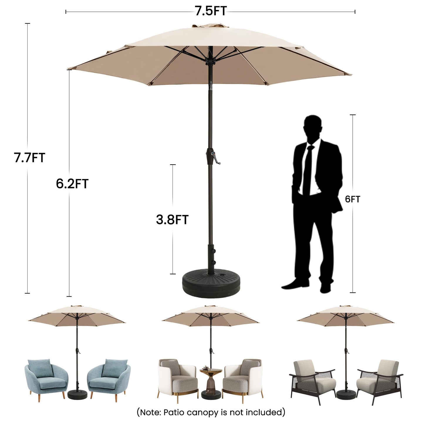 Ayge 7.5FT Large Outdoor Patio Umbrella Market Table Umbrella-UV Resistant, Easy Push Button Tilt and Crank, 6 Sturdy Fiberglass Ribs Heavy-Duty Pool Umbrella for Deck, Backyard,Garden, Yard,Beige