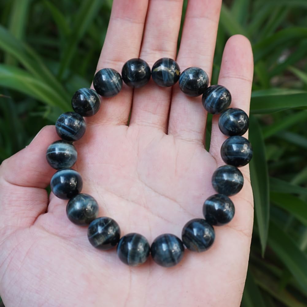 TaHLga Blue Tigers Eye Mens Bracelet 12MM | Fits for About 8" XLarge Wrist | Natural Solar Plexus Chakra Gemstones | Bring Luck Wealth Courage | Protection from Evil | Gift