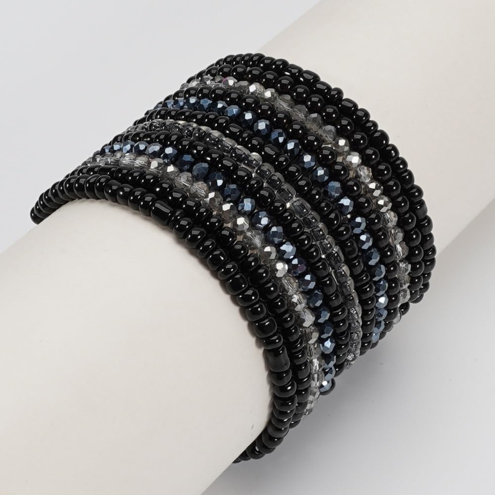 12Pcs Bohemia Multilayer Resin Seed Beaded Stackable Bracelets Colorful Crystal Glass Beads Stretch Bracelet BFF Friendship Elastic Wristbands for Women Men Summer Beach Boho Vacation Jewelry-Black
