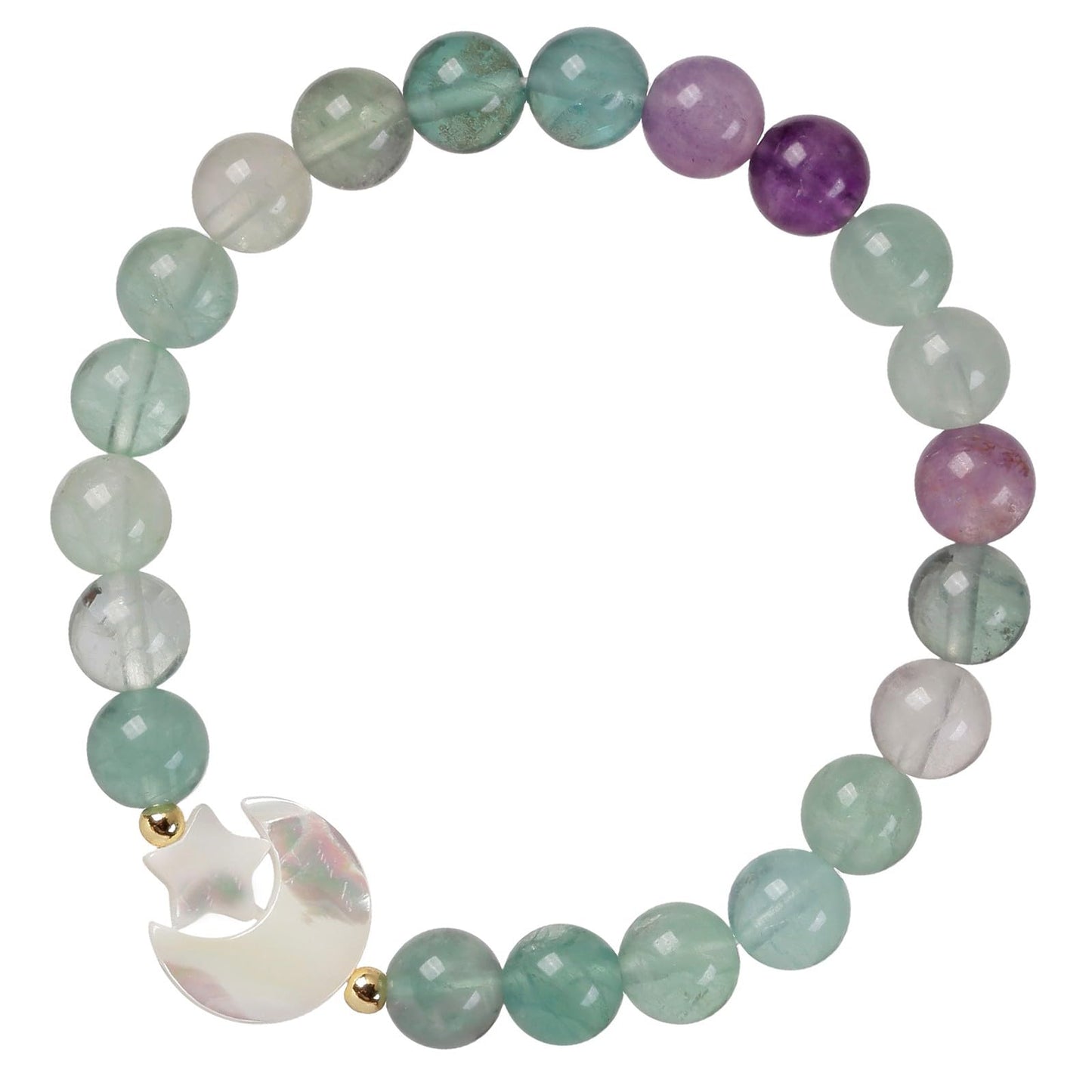 TUMBEELLUWA 8mm Healing Crystal Bracelet Natural White Shell Star Moon Bead Stone Handmade Stretch Wrist Jewelry Spiritual Gift for Women, Fluorite