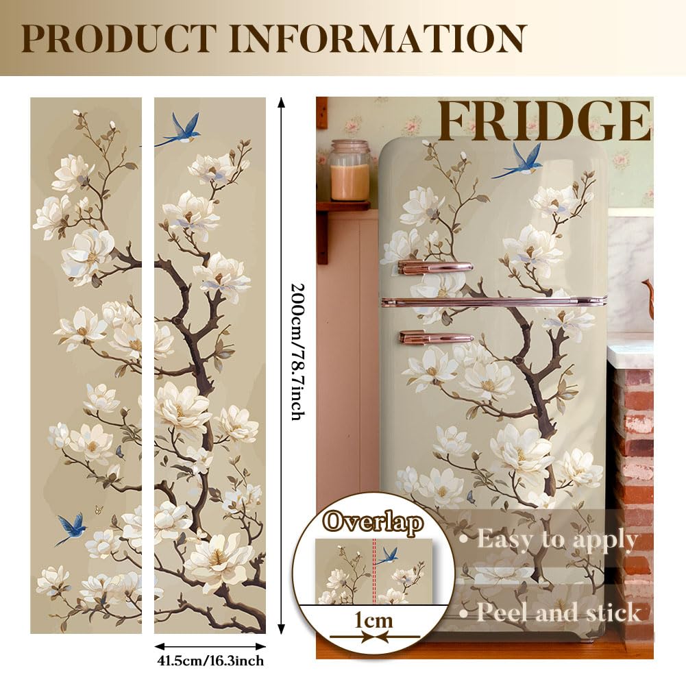 GOMAKERER 2 Pcs Branch and Bird Removable Refrigerator Wraps, Self-Adhesive Fridge Stickers Peel and Stick Vinyl Fridge Decals Sticker for Living Room Kitchen Bar Home Door Decor, 16.34x78.74 Inch