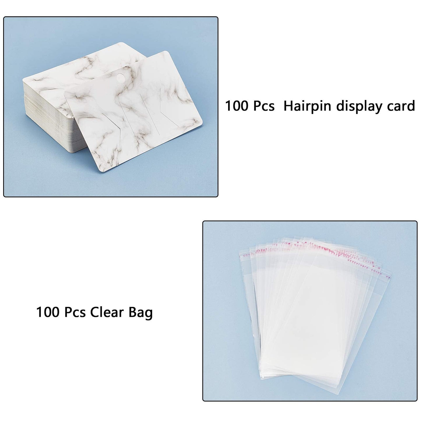 PH PandaHall 100pcs Hair Bow Holder, Marble Pattern Hair Clip Display Cards 3.9x2.5” Rectangular Cardboard Hair Clip Hanger with 100pcs OPP Bags for Jewelry Hair Accessory Selling Small Business