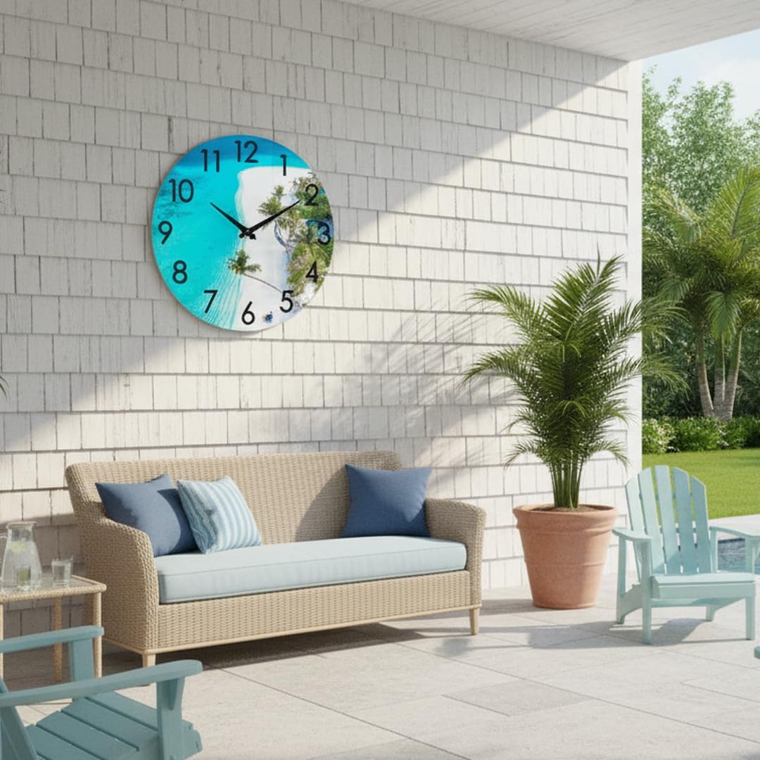 Crosstime 14 Inch Outdoor Wall Clock - Waterproof Tempered Glass, Silent Non-Ticking Easy to Read, Blue Beach Nautical Coastal Decor for Patio, Pool, Garden, Backyard