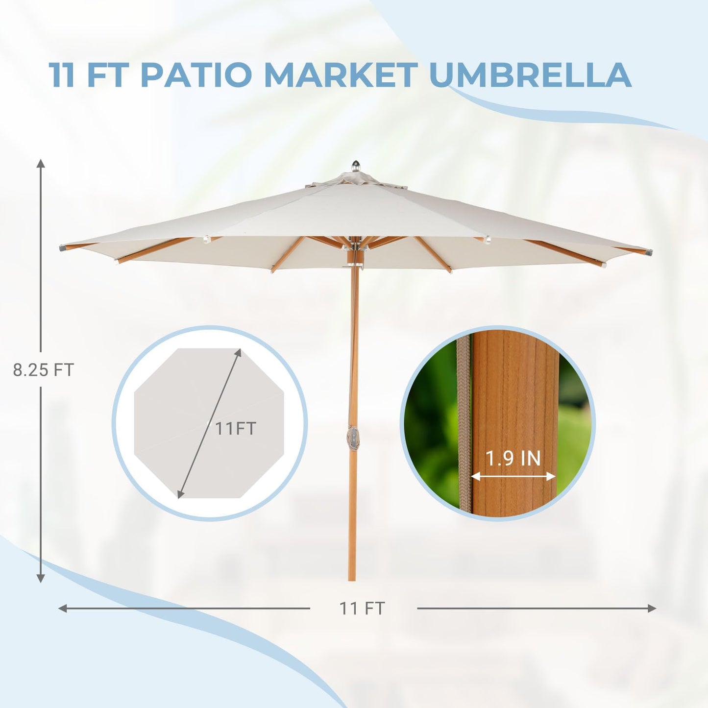 Grand patio 11 FT 10-Year-Non-Fading Patio Umbrella, Outdoor Umbrella with 8 Faux-Wood Grain Aluminum Ribs, Market Umbrella with Pulley Lift, Ventilation, Waterproof for Poolside, Deck, Backyard, Gray Fabric