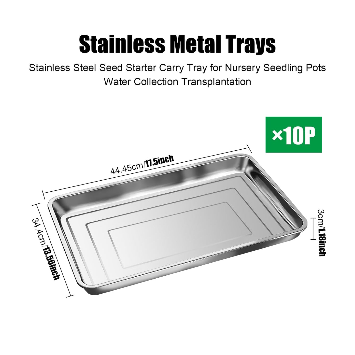 RooTrimmer 10 Pack Large Stainless Steel Seedling Trays, Heavy Duty Metal Water Catch Trays for Nursery Pots Transplant, Seed Germination & Propagation Flats (17.5 inch×13.56 inch, 1.18" Height)