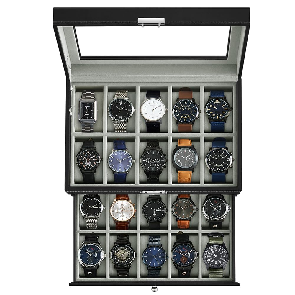 J&T Technology 20-Slot Watch Box for Men,2 Layers Watch Box Organizer,Watch Display Case with Glass Lid,Watch Holder Organizer with Removable Pillows,Gift for Loved Ones(20 Slot)