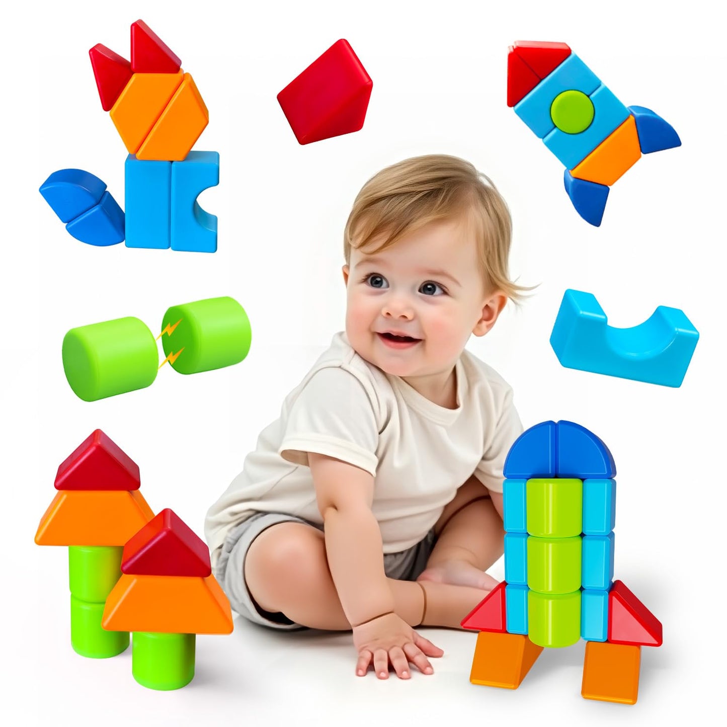 Pairez Toys Magnetic Building Blocks, Large Magnetic Blocks for Kids Ages 1-3, 3D Geometric Shapes Stacking Blocks Set, Montessori Sensory Toys for Toddlers, Boys & Girls (12pcs)