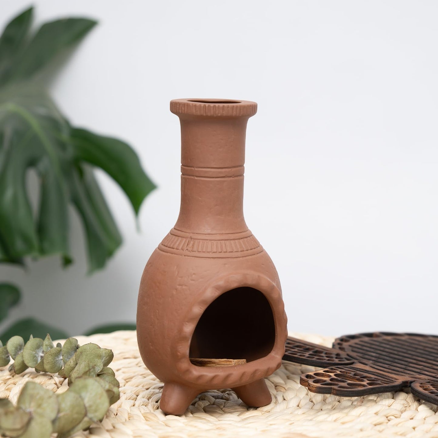 MOUGIGI Handmade Terracotta Palo Santo Holder Burner for Smudging and Meditation - Mexican Style Chiminea Clay Incense Dish for Wiccan Altar and Negative Energy Cleansing
