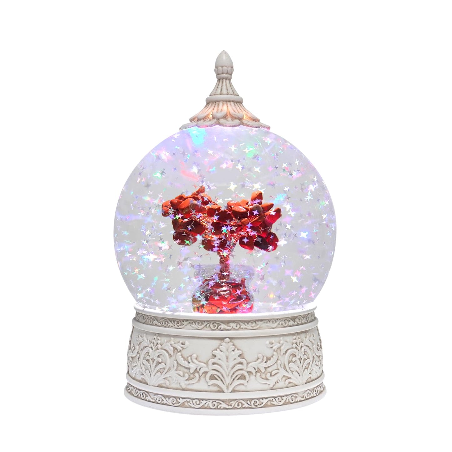 Red Jasper Healing Crystal Tree Globe with Colorful Lights Sparkling Glitter, Natural Gemstone Base, Spiritual Meditation, Positive Energy Good Luck, Home Decor, Birthday Gifts (Red Jasper)