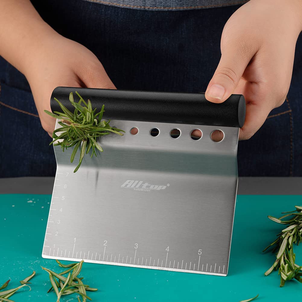ALLTOP Bench Scraper & Chopper with Herb Stripper,Stainless Steel Multipurpose Kitchen Baking Tool for Bread Dough Pastry Cake -Leaf Remover with Plastic Handle &Upgraded Protective Cover