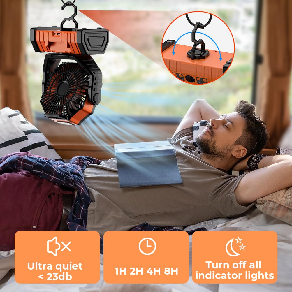 VOSFEEL Camping Fan - 20000mAh Battery Powered Fan Rechargeable with LED Lantern - Portable Outdoor Tent Fans with Hanging Hook 4 Speeds Wind Remote Control, Black and Orange