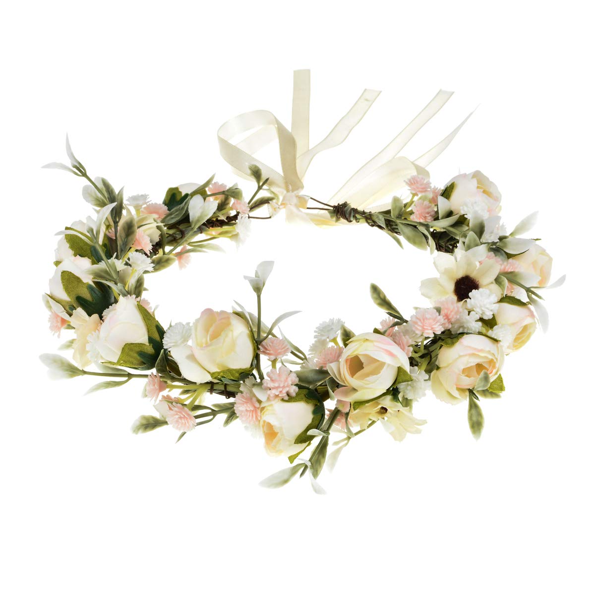 Floral Fall Camellia Flower Crown Rose Headpiece Wedding Bridal Flower Girl Halo Maternity Photo Props FL-03 (Ivory Flower withBabysbreath)