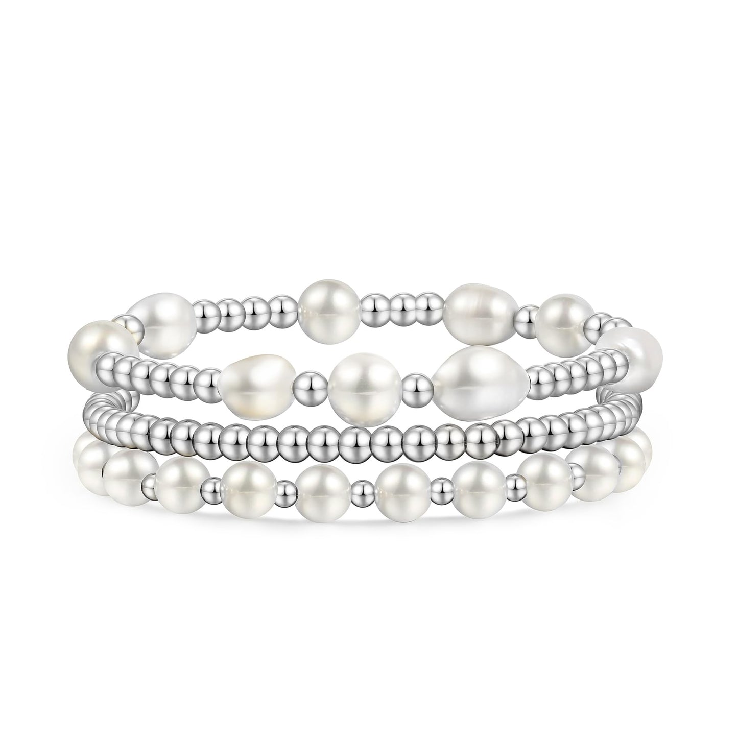 Silver Pearl Bracelets for Women Baroque Pearl Stackable Stretch Bead Ball Bracelet Jewelry Gifts （3PCS)