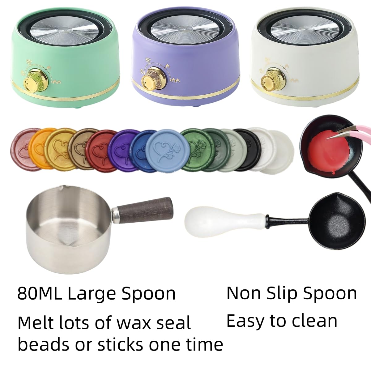 Sealing Wax Warmer Electric, Electrical Wax Seal Warmer Melting Furnace Kit with 300pcs Metal Waxseal Beads, a 80ml Large Spoon, a Non-Slip Melt Scoop(300 Metal White Set)
