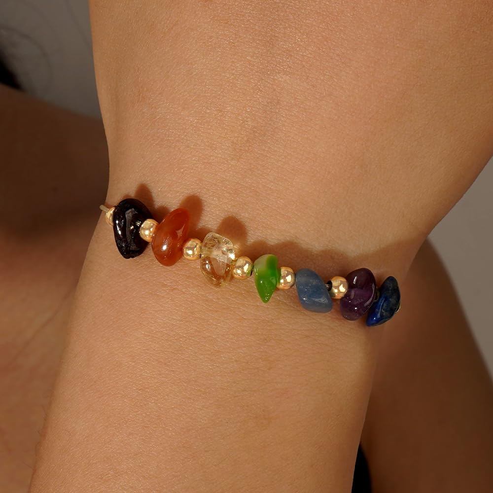 SHINUS BOHO Handmade Healing Colorful 7 Chakra Crystal Bracelets for Women,Gold Rainbow Quartz Beaded Gemstone Adjustable for Friendship Holiday Birthday Jewelry Gift.