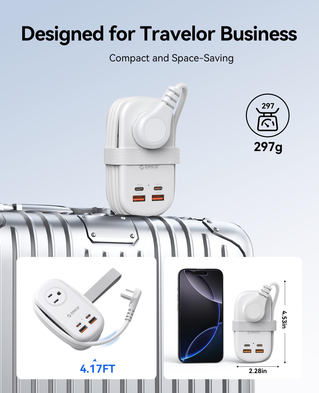 ORICO 65W GaN Travel Power Strip with 7-in-1 Charging Ports (3 AC Outlets/2 USB-A/2 USB-C), Flat Plug and 4FT Extension Cord, Fast Charger for MacBook Pro/Air, iPad Pro, iPhone 17/16/15- AP3