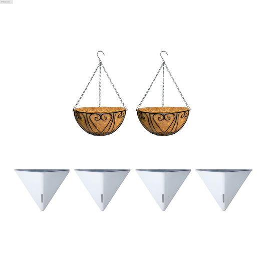 LaLaGreen Bundle- 4 Pack, 12 Inch White Geometric Self Watering Pot + 2 Pack,12 Inch Metal Wire Hanging Basket with Coco Liner Flower Plant Holder Hanger Balcony Patio Deck Modern Stylish Garden Decor