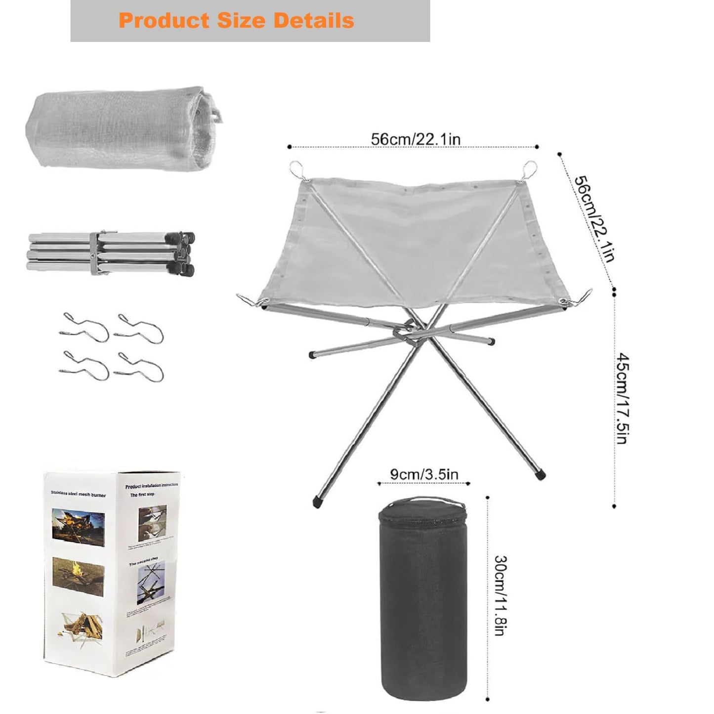 22 Inch Portable Outdoor Fire Pit with Carrying Bag,Foldable Stainless Steel Mesh Fireplace Wood Burning Collapsible Fireplace for Camping Outdoor Hiking BBQ Picnic