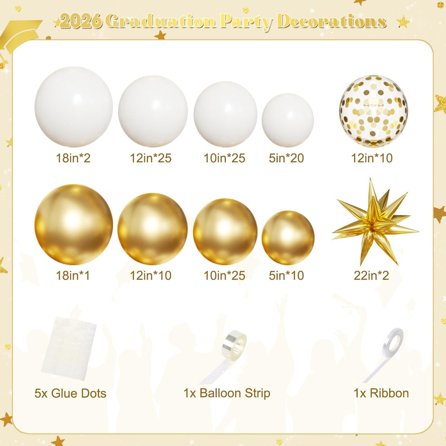 White and Gold Balloon Arch Kit, 130Pcs White and Gold Graduation Decorations with Gold Foil Star Confetti Balloons for College High School Graduation Decorations Class of 2026