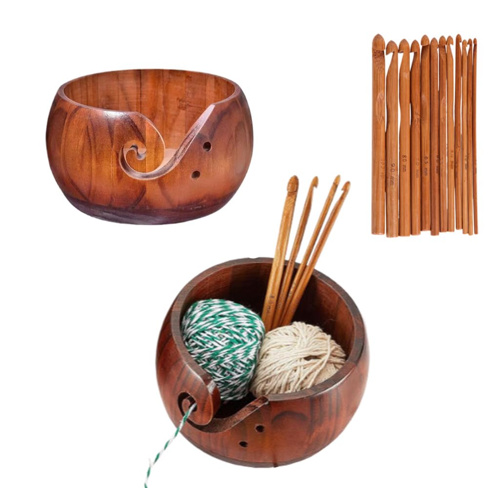 Natural Wooden Yarn Bowl with 12Pcs Crochet Hooks, Wood Thread Bowl Set for Knitters, Large Yarn Holder Storage Dispenser for Knitting DIY Crafts Tools Mother's Day Gift (Brown)