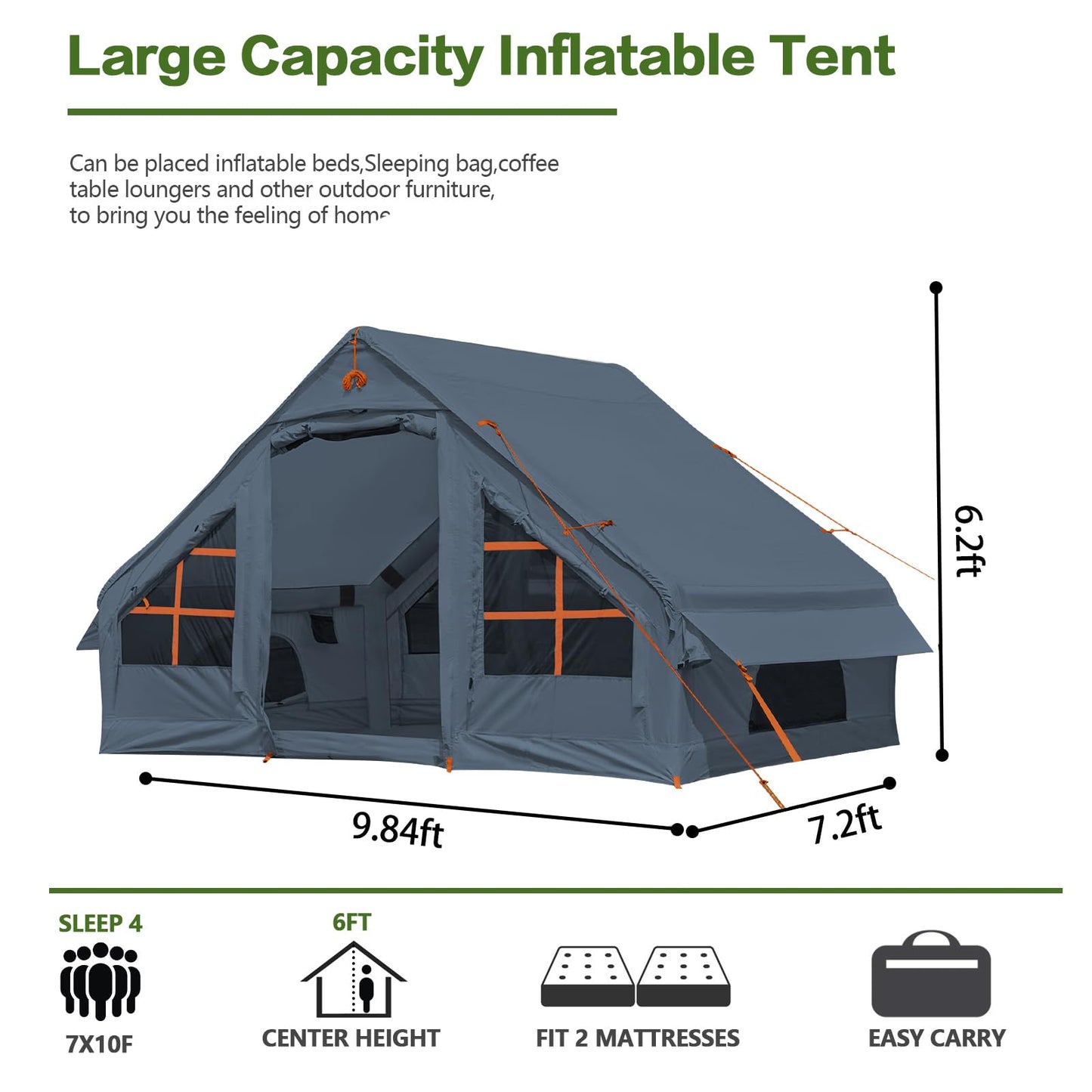 4-6 Person Inflatable Camping Tent, 9.8 * 7.2 FT Glamping Inflatable Tents with LargeTarps,2025 Update Zipper Door Easy Setup Blow Up Tents for Camping