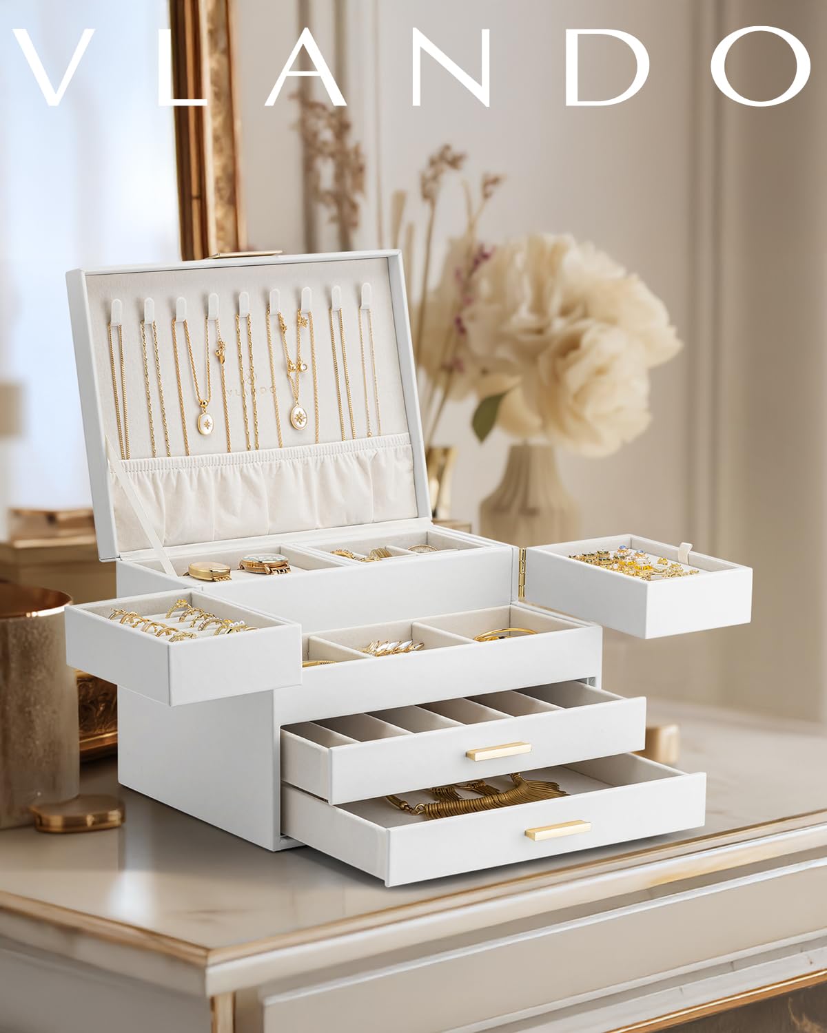 VLANDO 4 Layers Jewelry Box - Women Jewelry Box with Retractable Tray - Jewelry Organizer with Drawer for Necklaces, Rings, Bracelets, Earrings, Gift for Couples Mom Girls - White