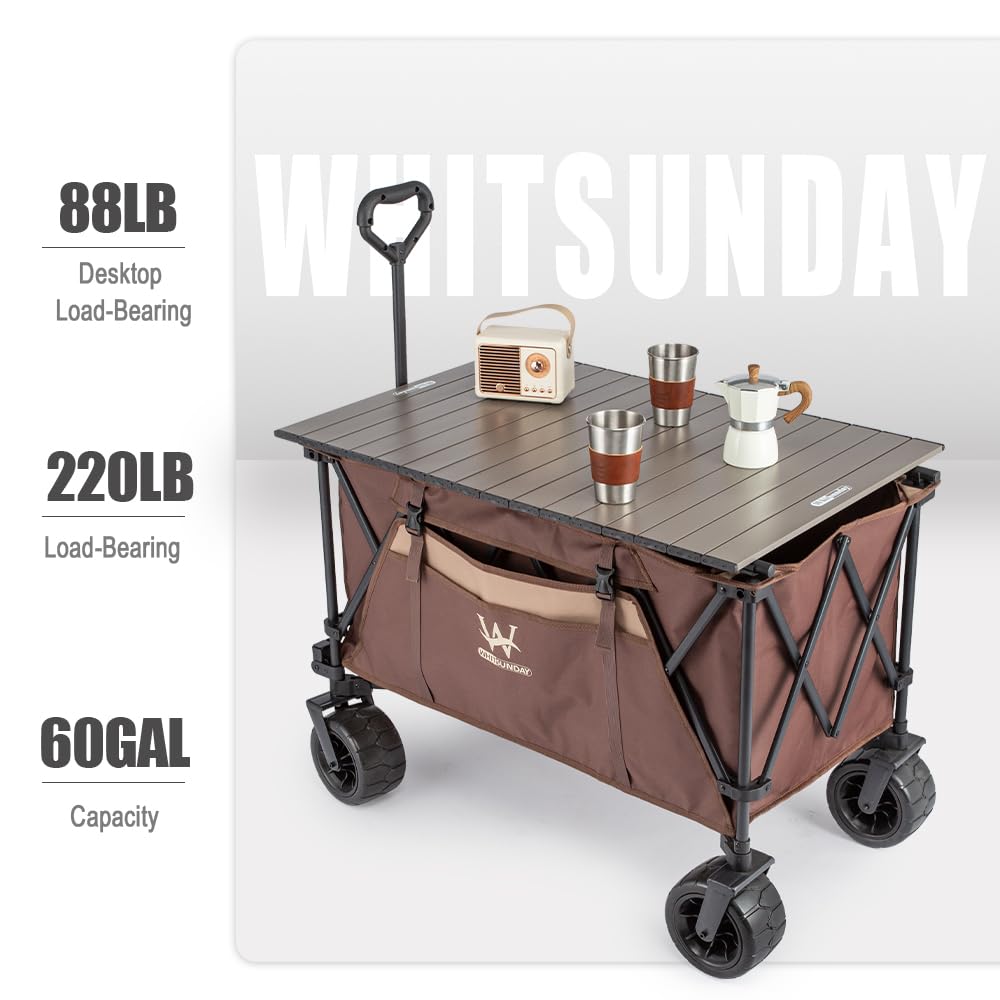 Whitsunday Beach Wagon Cart, 440Lbs Heavy Duty Folding Wagon with All Terrian Wheel, Collapsible Utility Camping Park Wagon Cart with Aluminum Tabletop