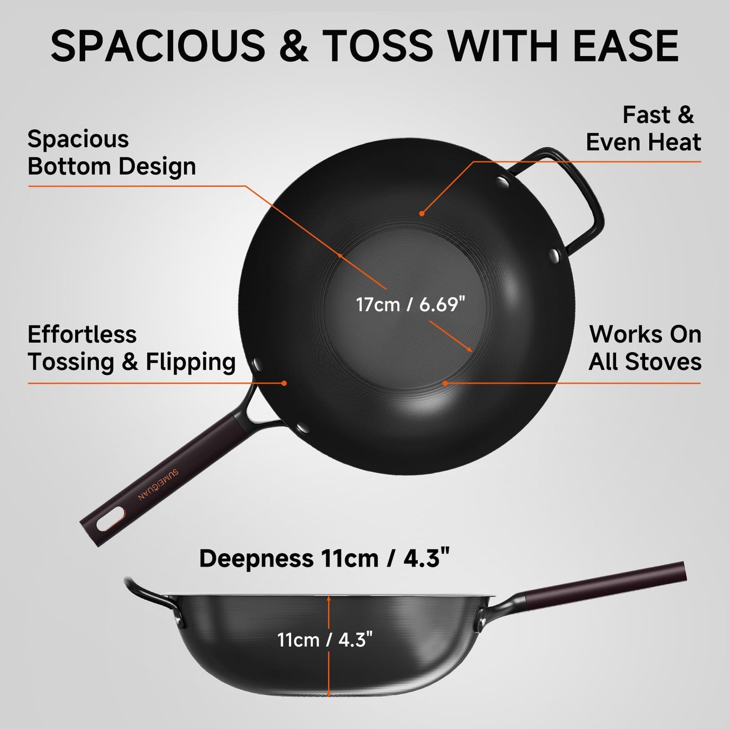 SUMEIGUAN 13.5" Carbon Steel Wok Pan - Pre-Seasoned Flat Bottom Woks & Stir-fry Pans Chinese Cookware with Lid & Spatula - For Pan-fry,Stir Fry, Steam, BBQ & Camping - Compatible with Induction, Gas