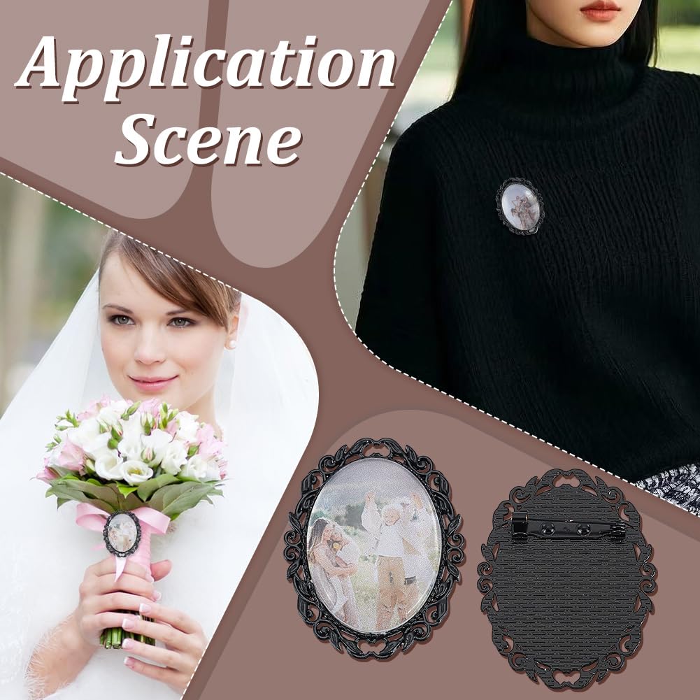 PH PandaHall 10 Sets Brooch Cabochon Making Kit, 40x30mm Vintage Oval Brooch Bezel Blank Photo Brooches Memorial Photo Pins with Clear Glass Cabochons for Jewelry Making Wedding Party, Black