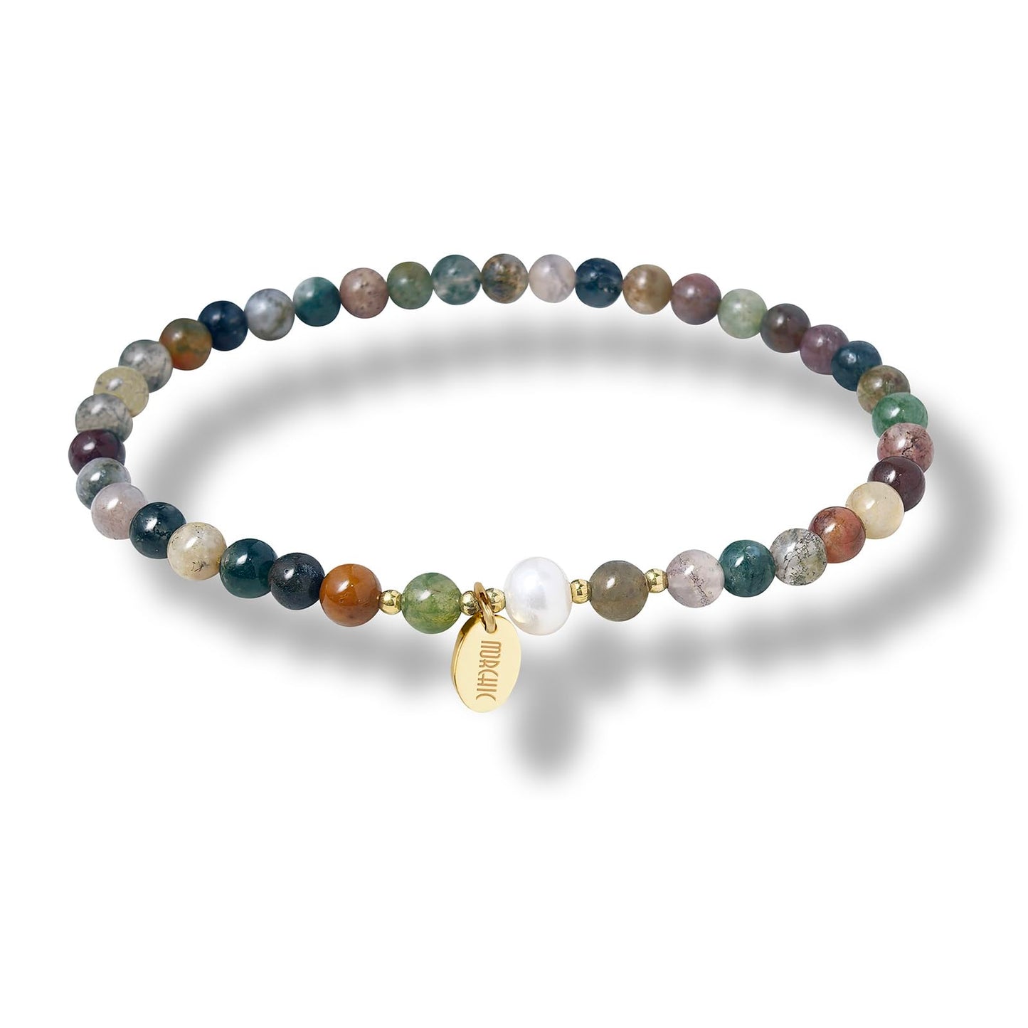 Morchic 4mm Natural India Agate Gemstone Beads Stretch Bracelet for Women, With Freshwater Pearls, Energy Gem Birthday Gift for Her 7.2”