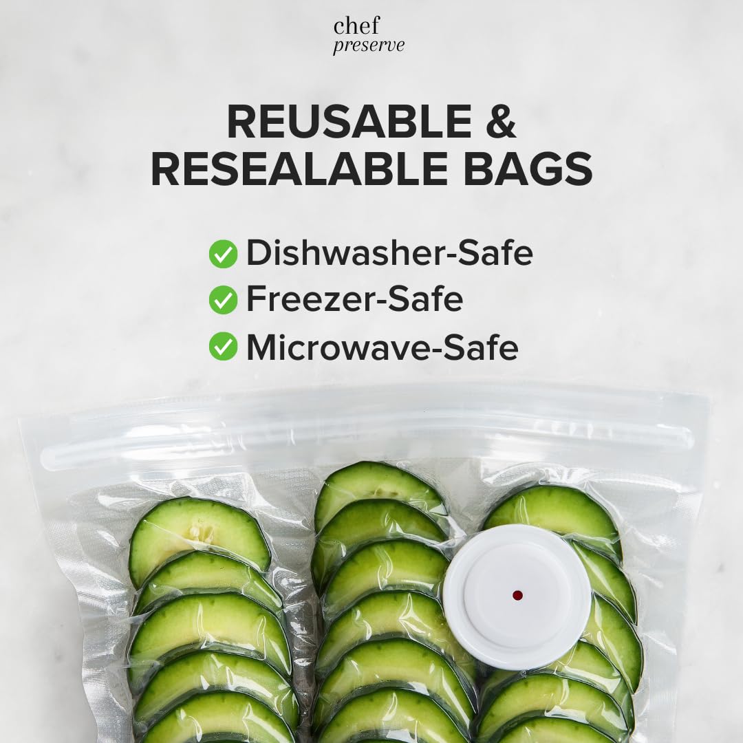Chef Preserve Reusable Vacuum Sealer Bags for Food – 30 BPA-Free Food Storage Bags, Freezer, Microwave – Odor-Resistant, Leak-Proof – Compatible with Chef Preserve Vacuum Sealers
