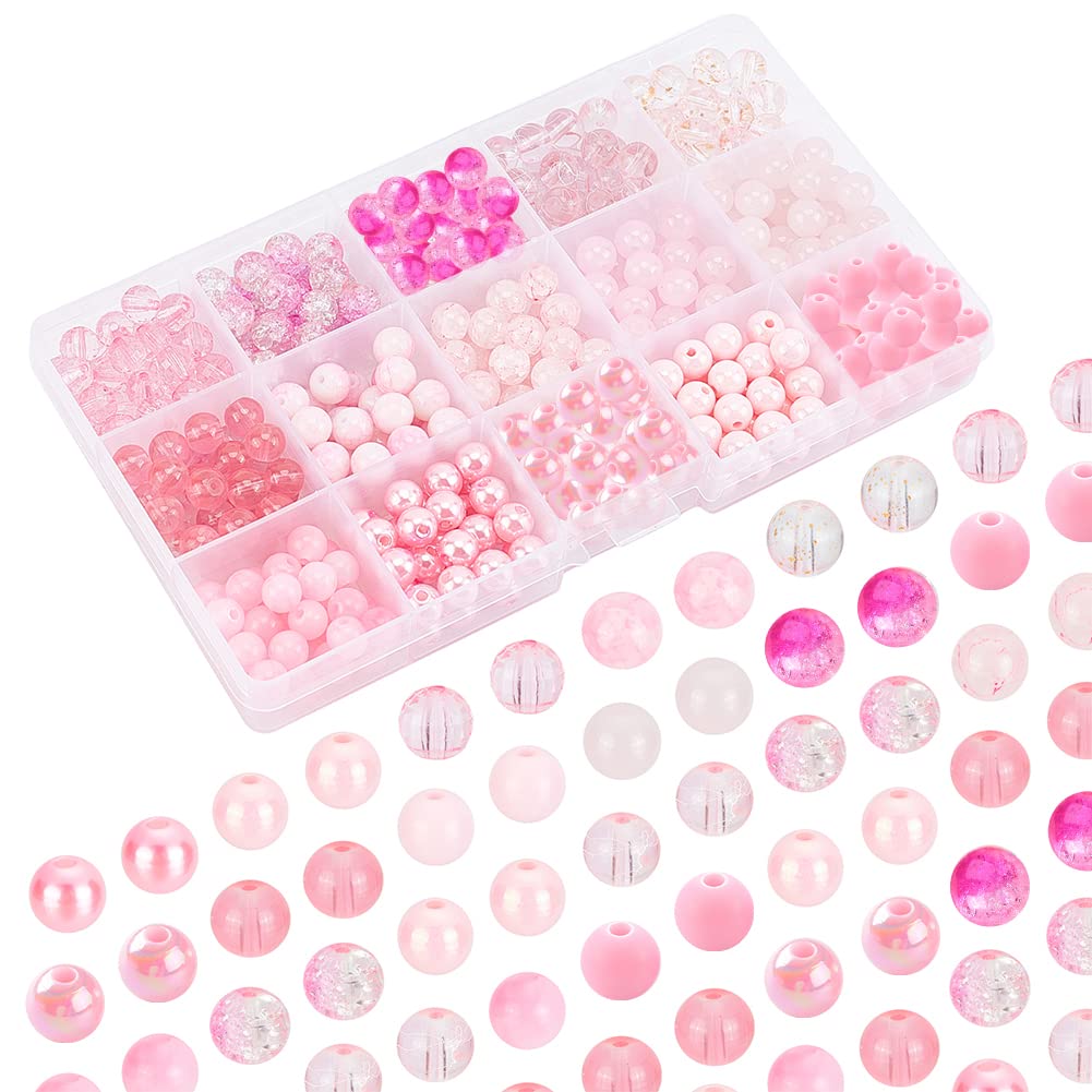 PH PandaHall 450pcs 8mm Pink Glass Beads, 15 Style Crackle Beads Baking Painted Bead Acrylic Loose Bead Spacers for Friendship Bracelets Necklaces Jewelry Making Mother's Day Wedding Birthday