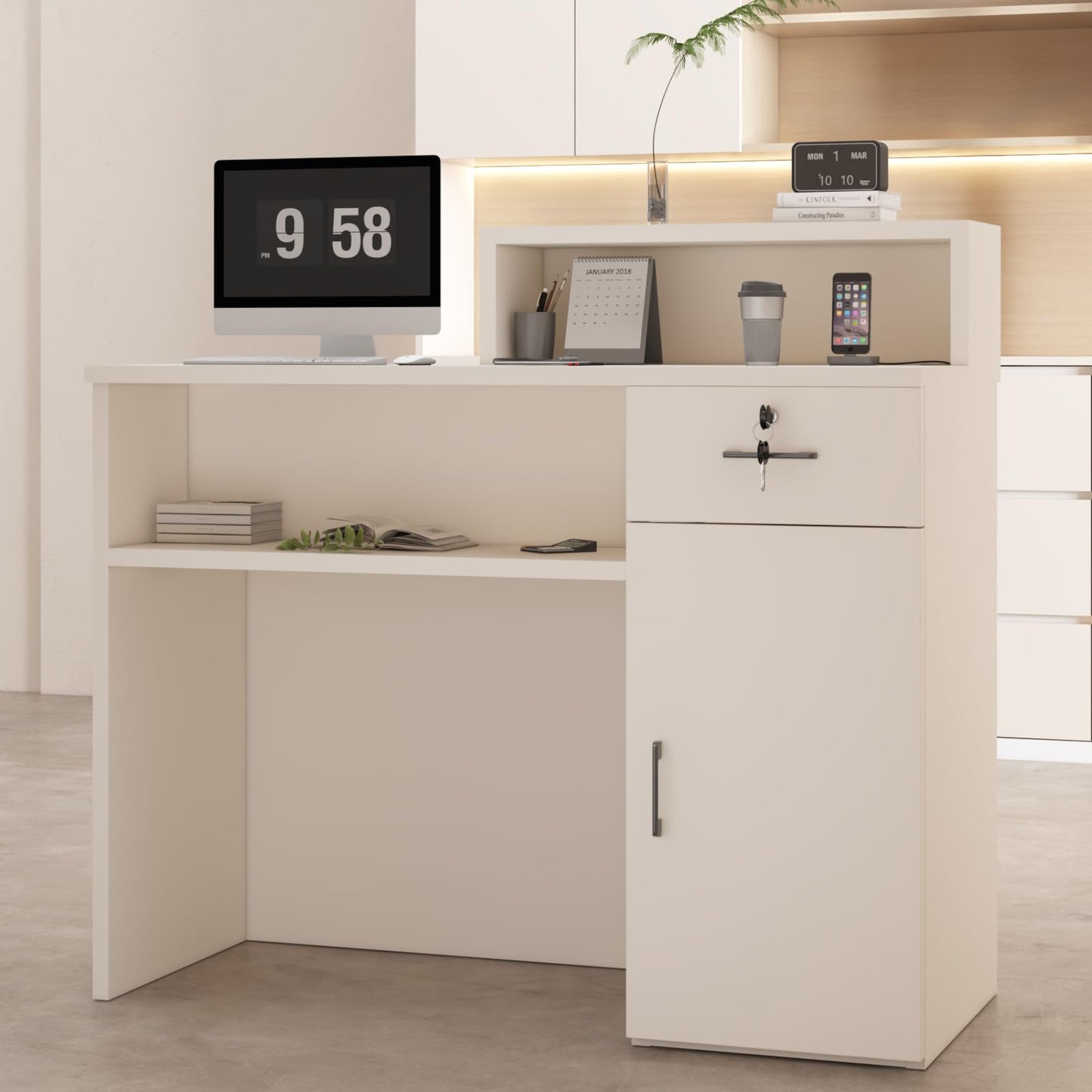 YTElantivo Reception Desk with LED Light and Locking Drawer - 47.2" Small Front Desk for Salon, Office, Retail, Lobby or Checkout Counter Use